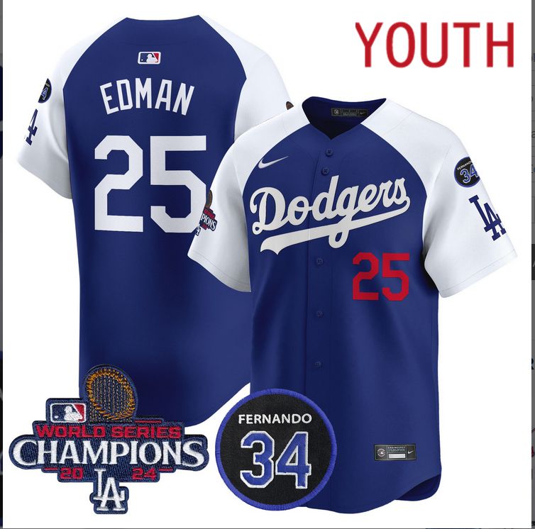 Youth MLB Los Angeles Dodgers 25 Edman blue 2024 World Series Champions Patch Limited Jersey